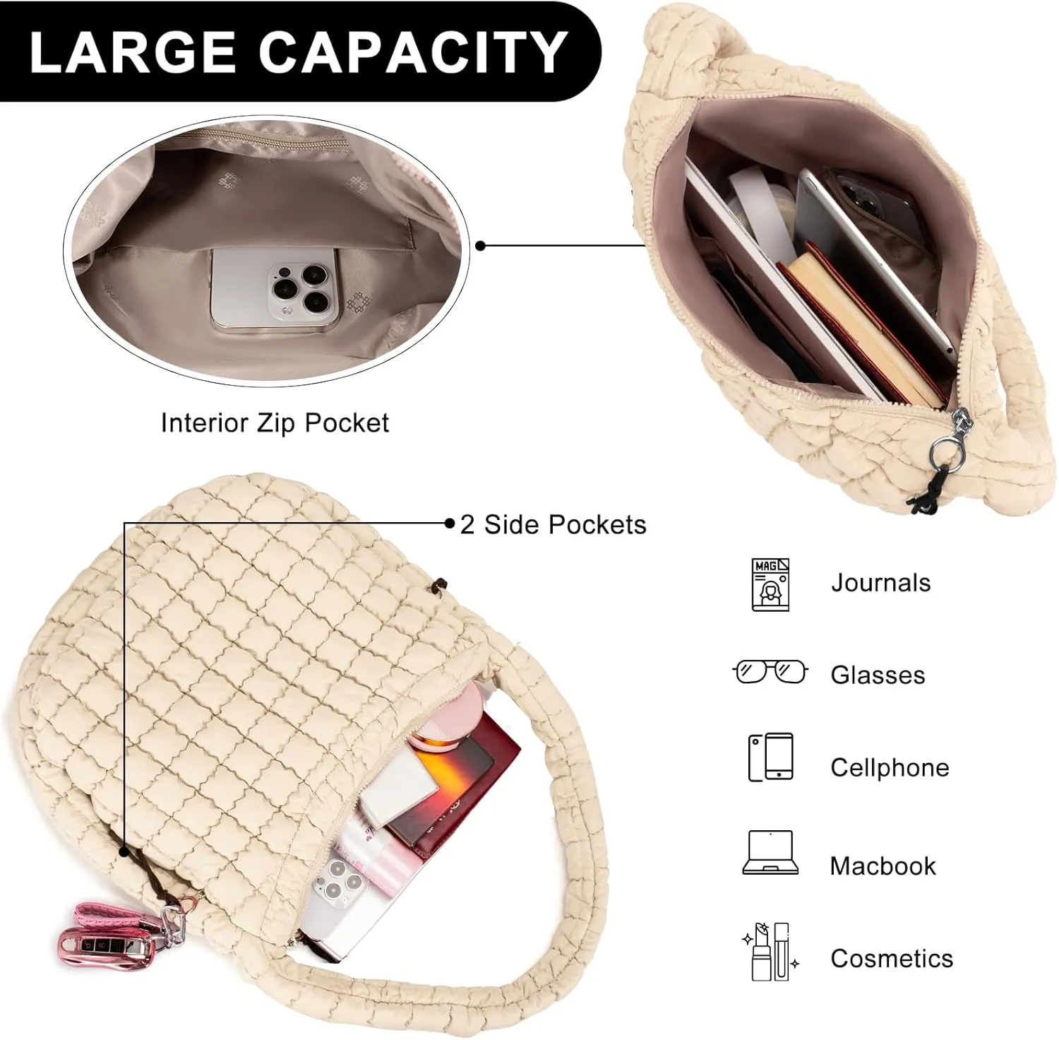 Puffer Tote Bag for Women Large Quilted Puffy Lightweight Carryall Crossbody Tote Bag for Women