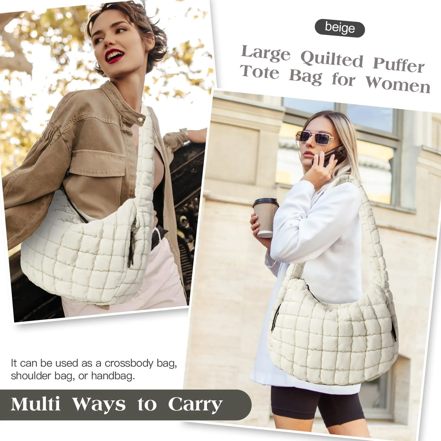 Puffer Tote Bag Large Puffy Tote Bag Quilted Tote Bag Soft Quilted Crossbody Bag Carryall Hobo Handbags for Women Girl