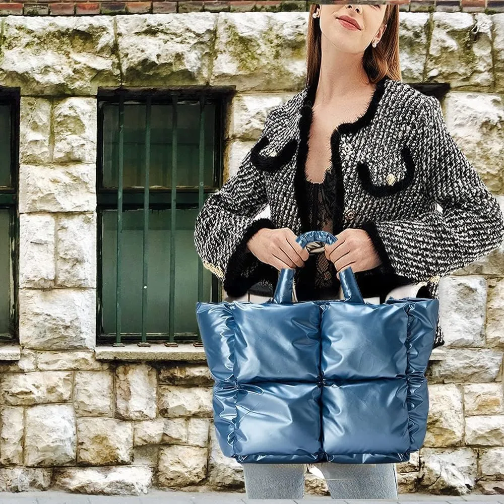 Puffer Tote Bag, Trendy Luxury Chic Quilted Large Padded Designer Handbags for Women Cotton Winter Soft Shoulder Bag