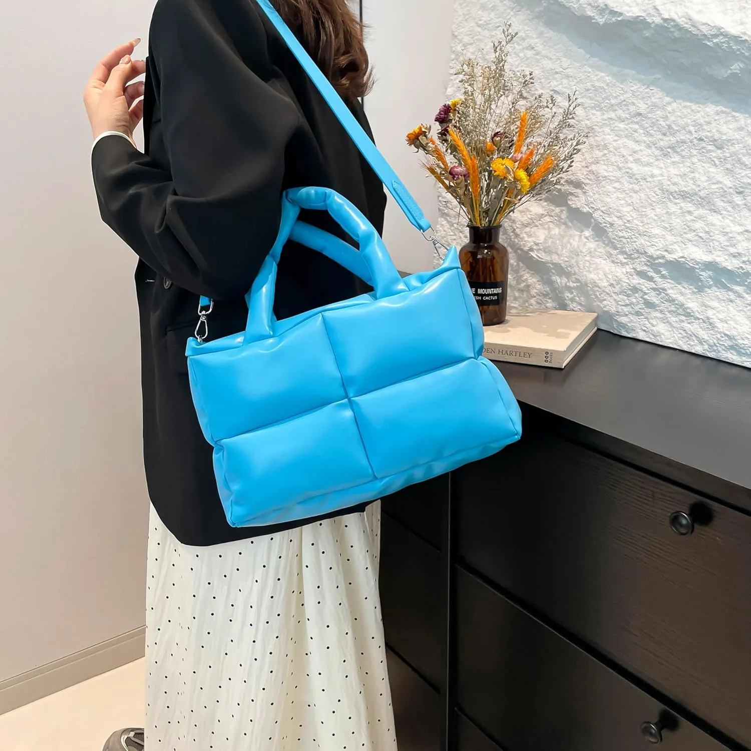 Puffy Handbags Tote Quilted Shoulder Crossbody Bag for Women Soft Vegan Leather Padded Purse