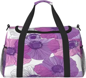 Purple Anemone Flowers Floral Duffle Bag Travel Duffel Bags for Men Women Waterproof Gym Overnight Weekender Bag Carry on Tote Bag