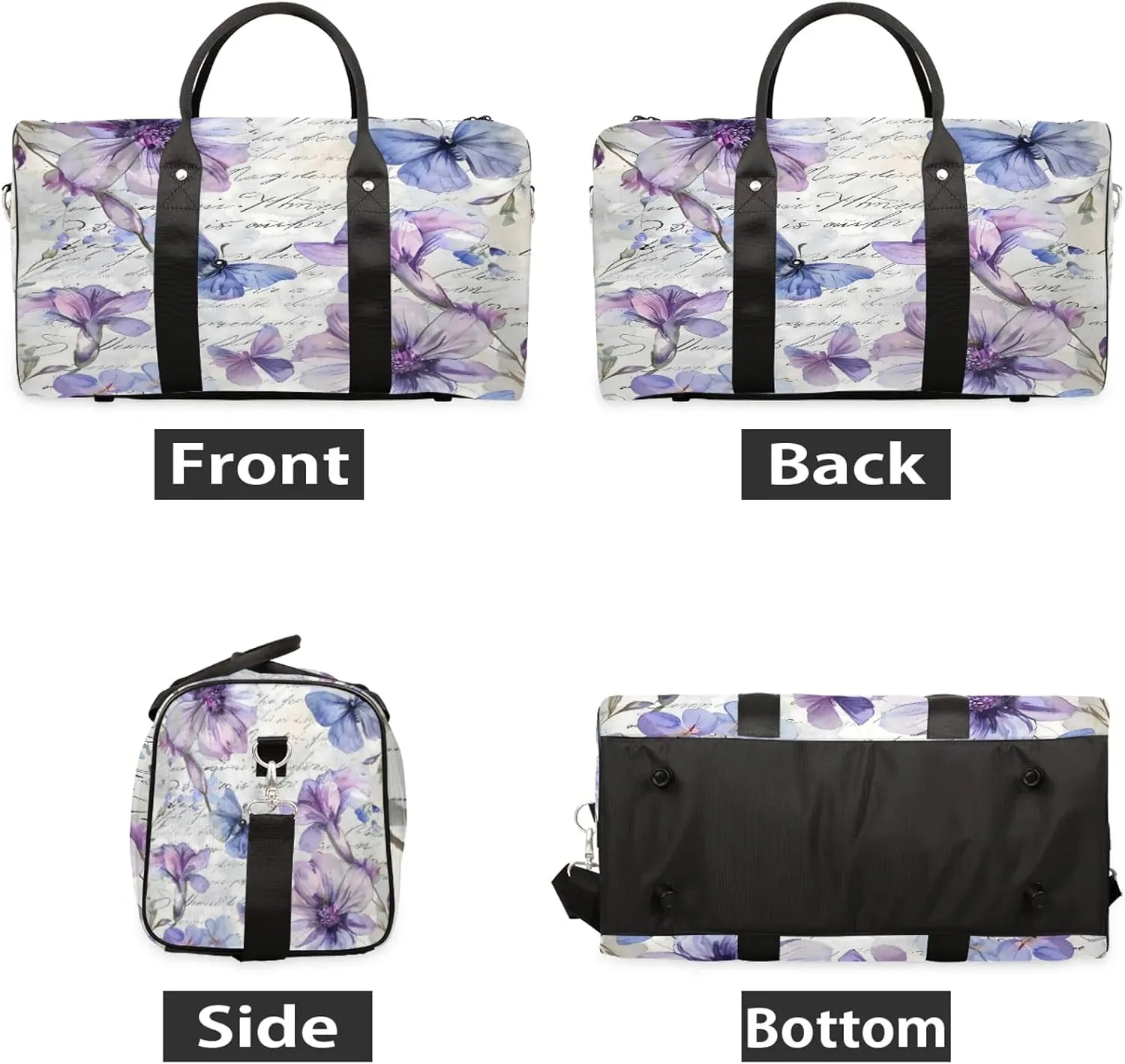 Purple Flower Butterfly Travel Duffle Bag, Sports Gym Bags for Women Men, Carry On Weekender Overnight Workout Airplane Trips Bag