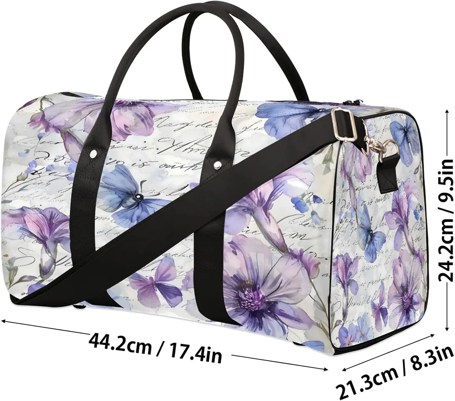 Purple Flower Butterfly Travel Duffle Bag, Sports Gym Bags for Women Men, Carry On Weekender Overnight Workout Airplane Trips Bag