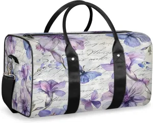 Purple Flower Butterfly Travel Duffle Bag, Sports Gym Bags for Women Men, Carry On Weekender Overnight Workout Airplane Trips Bag