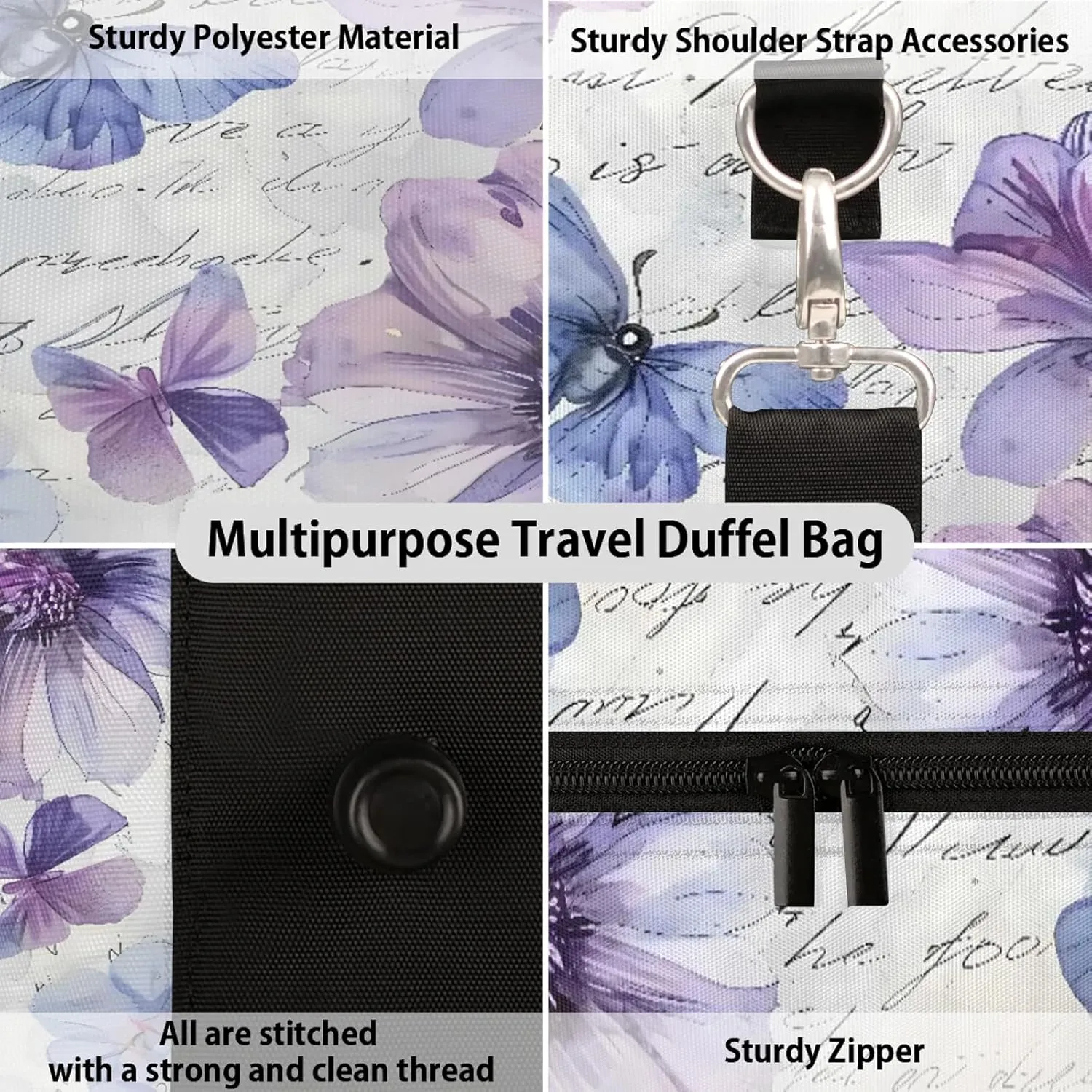 Purple Flower Butterfly Travel Duffle Bag, Sports Gym Bags for Women Men, Carry On Weekender Overnight Workout Airplane Trips Bag