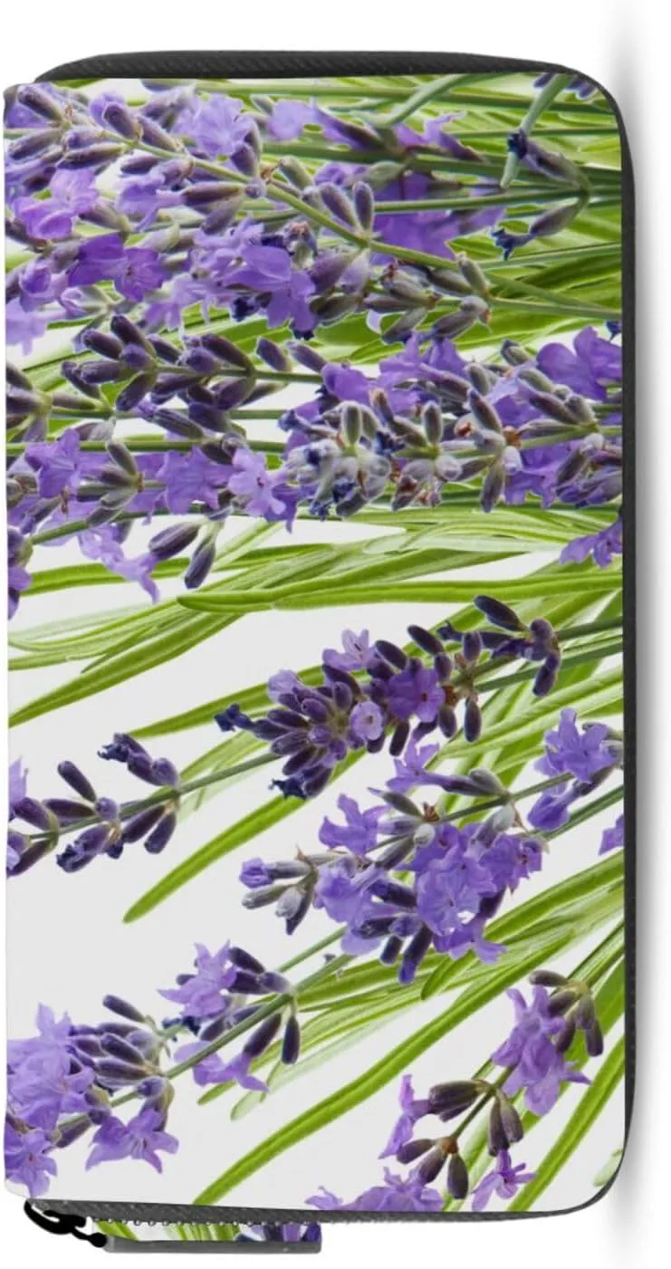 Purple Lavender Flowers with Green Leaves on White Background Leather Long Wallet Organizer with Zipper Purse Clutch Bag for Women Men Key Card Coin Passport Checkbook 8 x 4 inch
