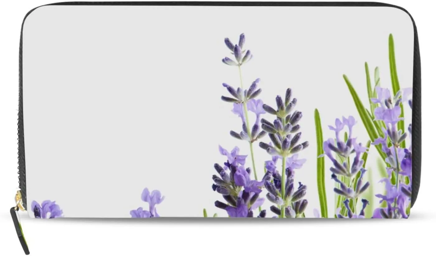 Purple Lavender Flowers with Green Leaves on White Background Leather Long Wallet Organizer with Zipper Purse Clutch Bag for Women Men Key Card Coin Passport Checkbook 8 x 4 inch