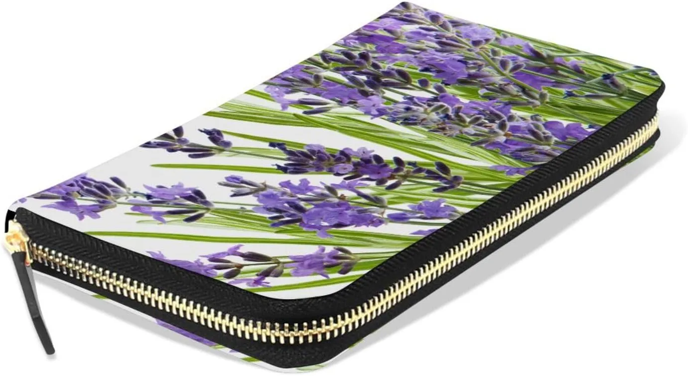 Purple Lavender Flowers with Green Leaves on White Background Leather Long Wallet Organizer with Zipper Purse Clutch Bag for Women Men Key Card Coin Passport Checkbook 8 x 4 inch