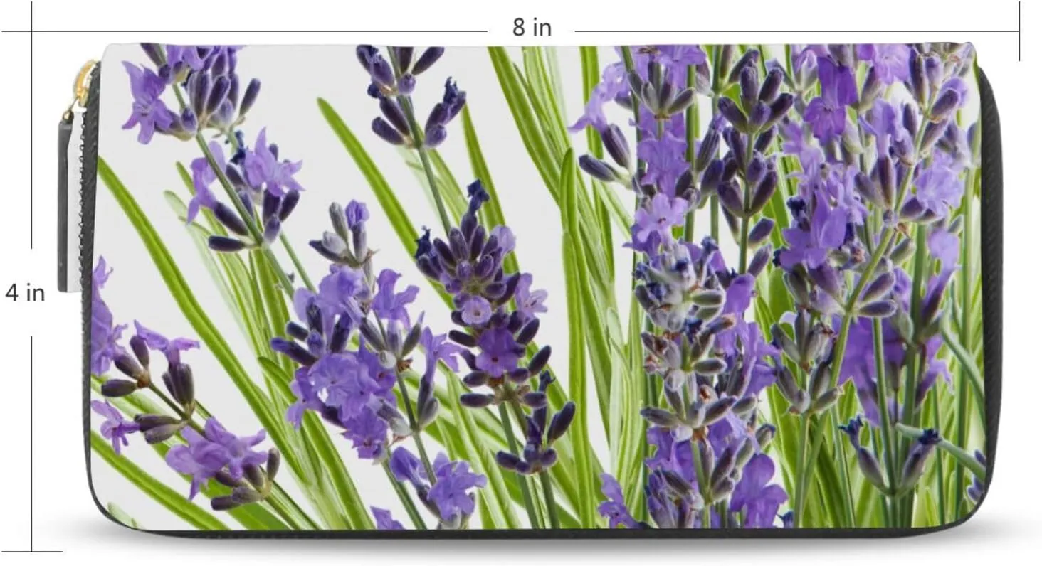 Purple Lavender Flowers with Green Leaves on White Background Leather Long Wallet Organizer with Zipper Purse Clutch Bag for Women Men Key Card Coin Passport Checkbook 8 x 4 inch