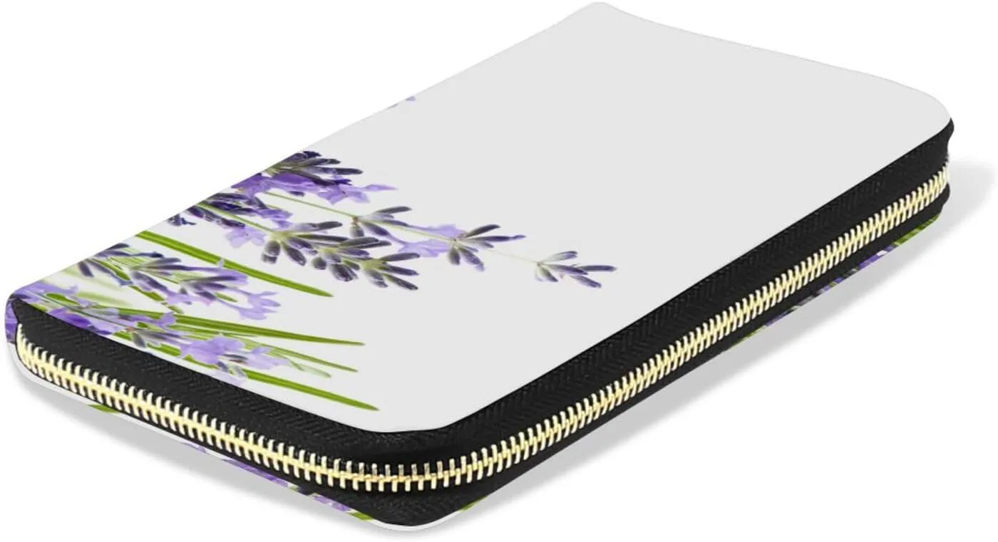 Purple Lavender Flowers with Green Leaves on White Background Leather Long Wallet Organizer with Zipper Purse Clutch Bag for Women Men Key Card Coin Passport Checkbook 8 x 4 inch