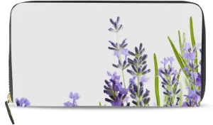 Purple Lavender Flowers with Green Leaves on White Background Leather Long Wallet Organizer with Zipper Purse Clutch Bag for Women Men Key Card Coin Passport Checkbook 8 x 4 inch