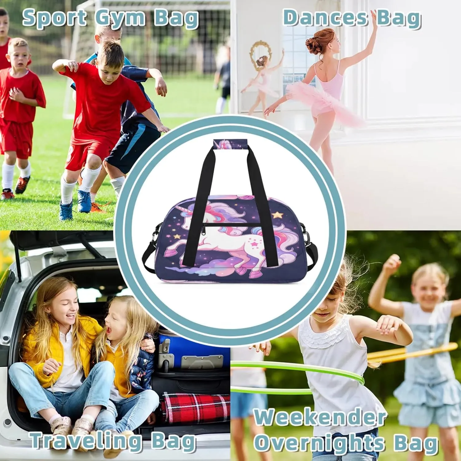 Purple Unicorn Small Gym Bag 18 inch Carry On Duffel Bag for Weekender Travel Sports Workout Yoga Gymnastics Dance Ballet