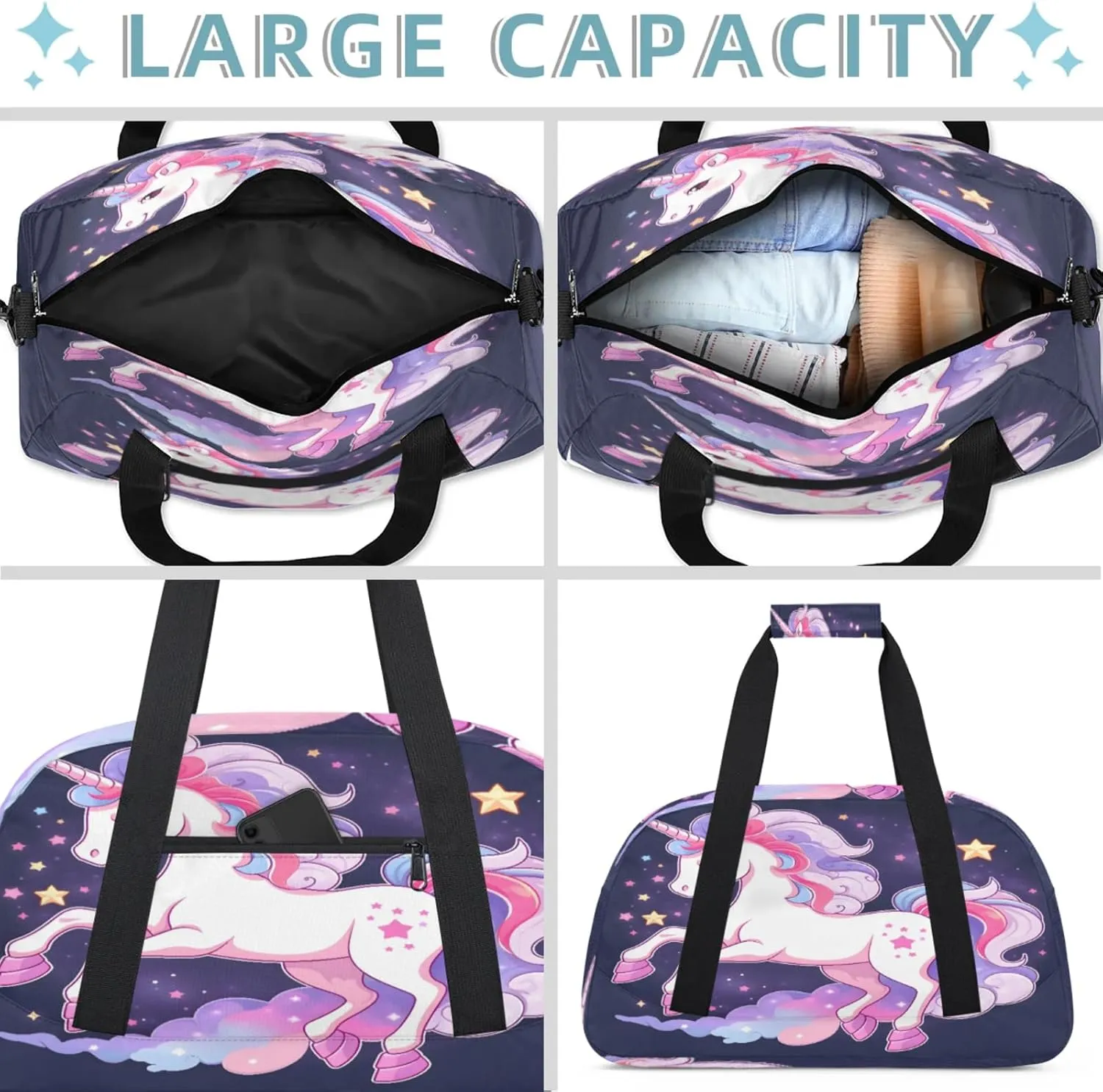 Purple Unicorn Small Gym Bag 18 inch Carry On Duffel Bag for Weekender Travel Sports Workout Yoga Gymnastics Dance Ballet