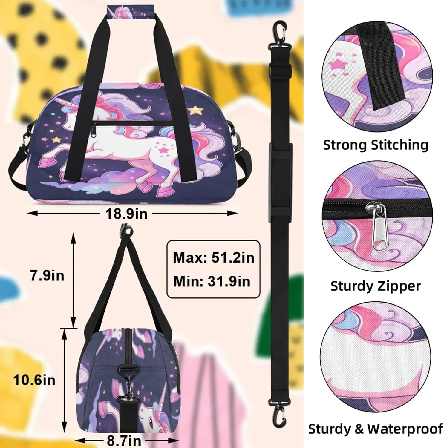 Purple Unicorn Small Gym Bag 18 inch Carry On Duffel Bag for Weekender Travel Sports Workout Yoga Gymnastics Dance Ballet