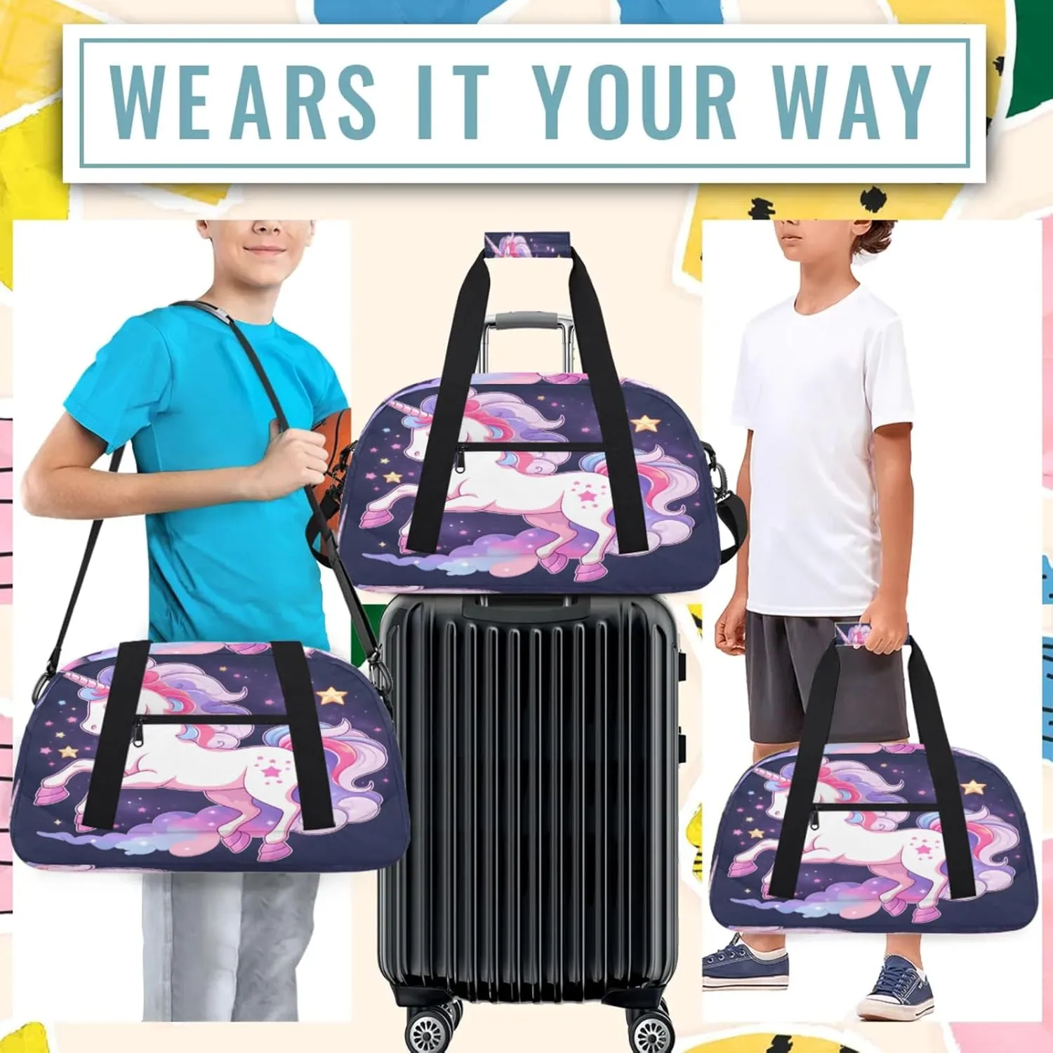 Purple Unicorn Small Gym Bag 18 inch Carry On Duffel Bag for Weekender Travel Sports Workout Yoga Gymnastics Dance Ballet