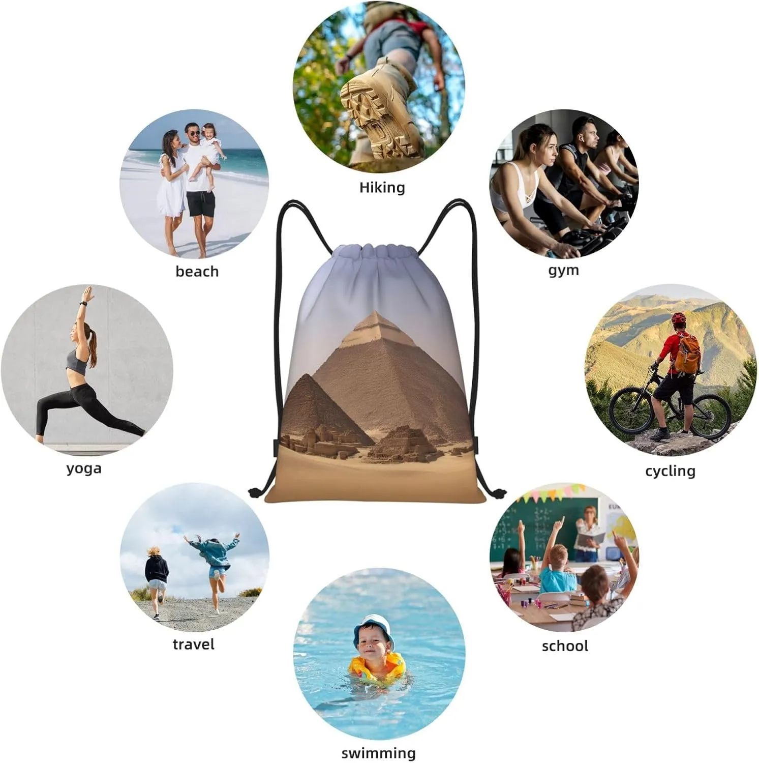 Pyramids of Egypt print Drawstring Backpack Bags Sack Cinch Tote Sport Storage Polyester Bag for Gym Traveling