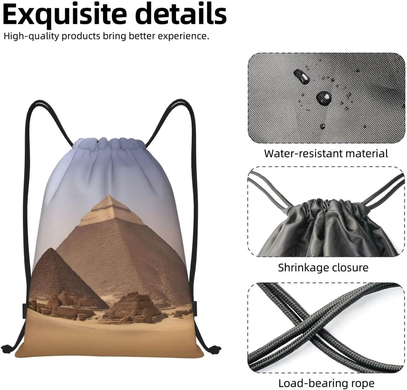 Pyramids of Egypt print Drawstring Backpack Bags Sack Cinch Tote Sport Storage Polyester Bag for Gym Traveling