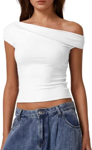 QINSEN Womens Twisted Off The Shoulder Tops Double Lined Short Sleeve T Shirts Slim Fitted Stretchy Tee
