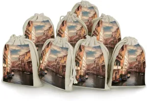 QMKFWT Beautiful Venice Canal View Drawstring Pouches Small Bulk Cotton Burlap Storage Bags Reusable Muslin Sachet Bag for Candy, Toys, Jewelry, Treats, Birthday Party Favors