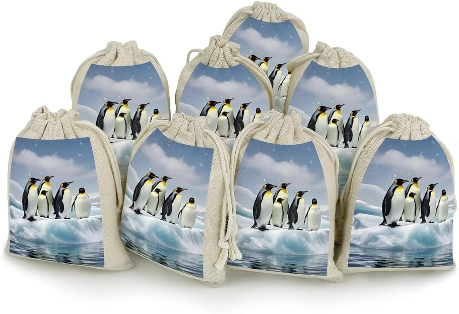 QMKFWT Penguins On The Iceberg Drawstring Pouches Small Bulk Cotton Burlap Storage Bags Reusable Muslin Sachet Bag for Candy, Toys, Jewelry, Treats, Birthday Party Favors