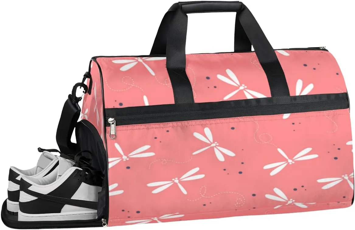 QsirBC Dragonflies Motif Gym Bag for Women Duffle Tote with Shoes Compartment Men Weekender Duffel For Travel Sports Swimming Overnight