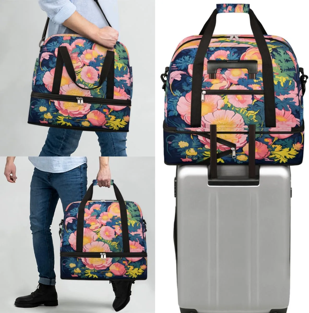 QsirBC Grid Pattern Decor Gym Bag for Women Duffle Tote with Shoes Compartment Men Weekender Duffel
