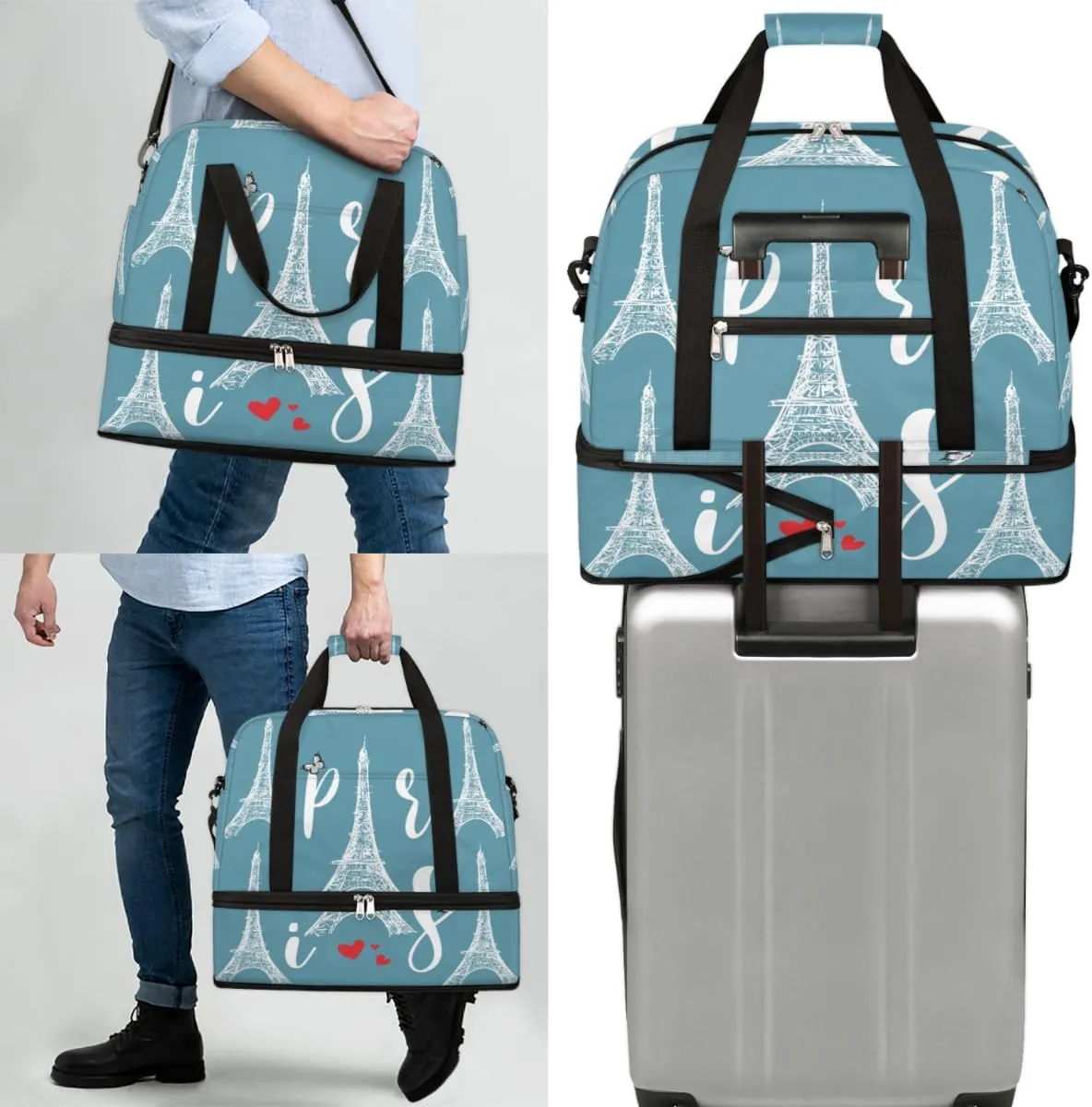 QsirBC Modern Eiffel Tower Design Gym Bag for Women Duffle Tote with Shoes Compartment Men Weekender Duffel