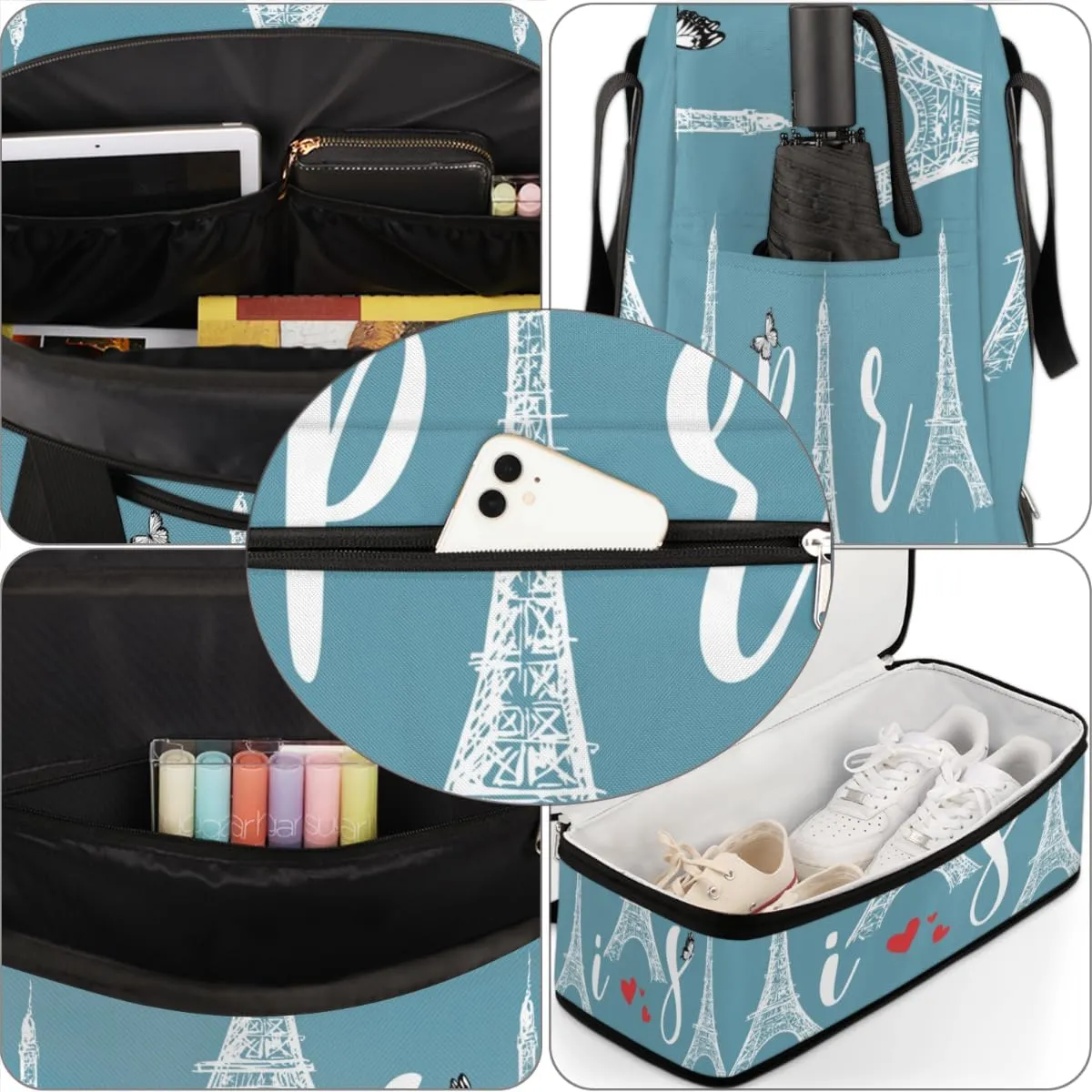 QsirBC Modern Eiffel Tower Design Gym Bag for Women Duffle Tote with Shoes Compartment Men Weekender Duffel