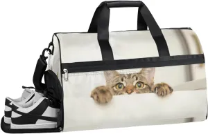 QsirBC Shy Cat Gym Bag for Women Duffle Tote with Shoes Compartment Men Weekender Duffel For Travel Sports Swimming Overnight