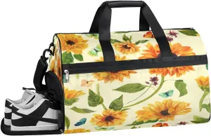 QsirBC Sunflower Butterfly Motif Gym Bag for Women Duffle Tote with Shoes Compartment Men Weekender Duffel For Travel Sports Swimming Overnight