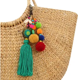 QTMY Pom Pom Shell Beads Tassel Bag Charm Pendant Boho Keyring Keychain for Women Purse Handbag Decor (6)