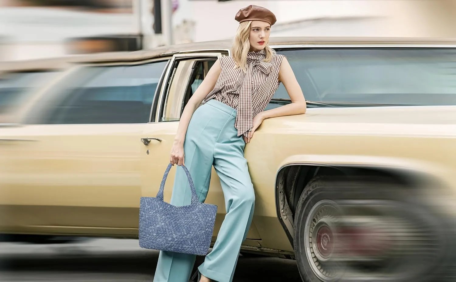 Queenoris Woven Bag for Women, Fashion Top Handle Shoulder Bag Vegan Leather Shopper Bag Large Travel Tote Bag