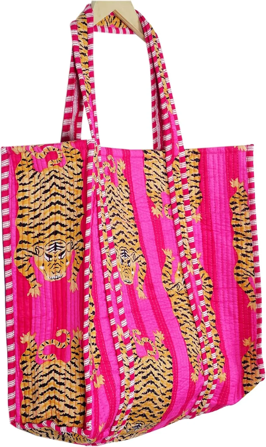 Quilted Cotton Hand printed Reversible Large multicolor cotton Tote Bag,Indian Handmade Block Printed Tote Bag Women Handbag