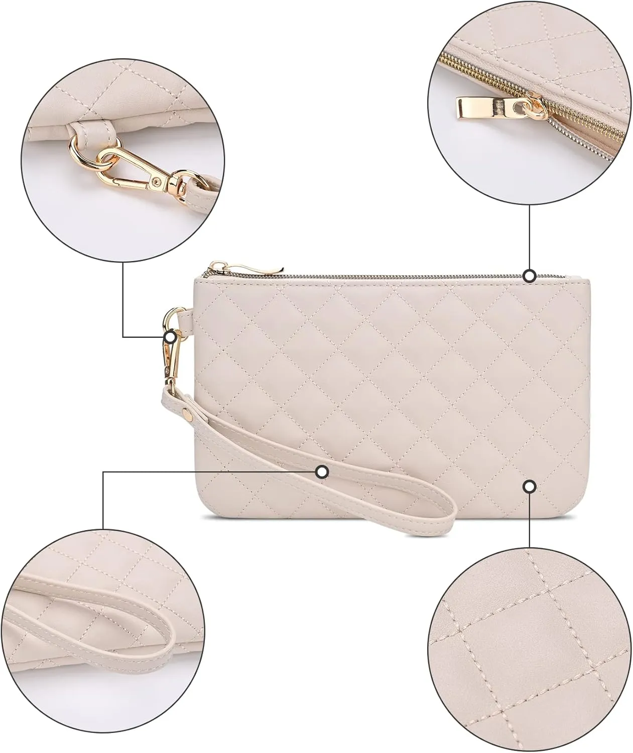 Quilted Wristlet Purse for Women, Vegan Leather Wristlet Pouch Zip Clutch Bag, Evening Clutch Purse with strap