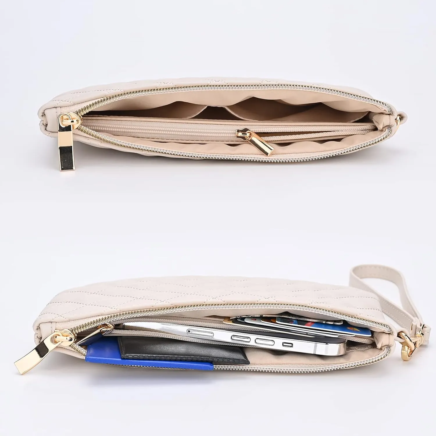Quilted Wristlet Purse for Women, Vegan Leather Wristlet Pouch Zip Clutch Bag, Evening Clutch Purse with strap