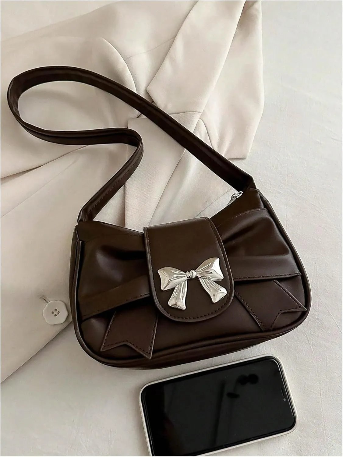 QWINEE Women's Bow Purse Y2k Shoulder Bag Coquette PU Leather Shoulder Bag Small Handbag Purses