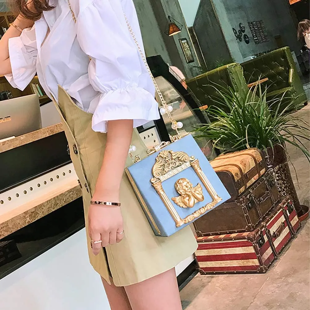 QZUnique Women Love Angel Floral Evening Bag Rose Embossed Formal Purse Clutch Black Gold Crossbody Pearl Chain Shoulder Bag
