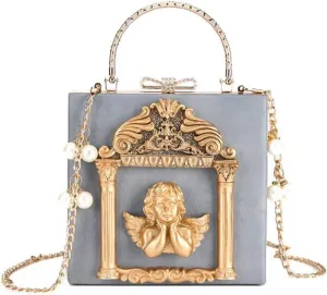 QZUnique Women Love Angel Floral Evening Bag Rose Embossed Formal Purse Clutch Black Gold Crossbody Pearl Chain Shoulder Bag