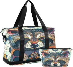 Raccoon Portrait Pattern Duffel Bag Lightweight Carry On Gym Bags for Travel and Weekends, Versatile Overnight Bag with Shoe Compartment