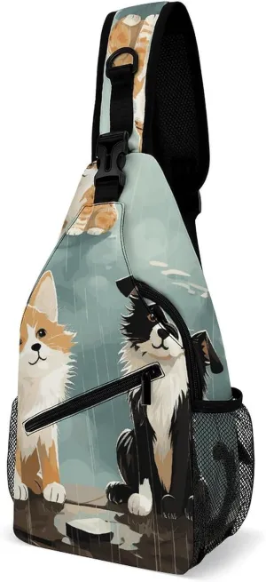 Rain Cat And Dog Sling Bag for Men Women Travel Crossbody Bags Large Hiking Sling Backpack Chest Bag Man Purse