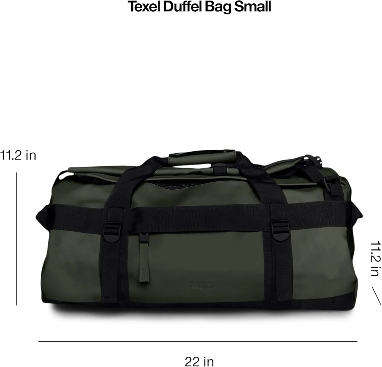 RAINS Texel Duffel Bag Small - Waterproof Green Duffel with U-Shaped Zip Closure, Mesh Pockets, Compression Straps, and Padded Carry Handles - 2 Year Warranty