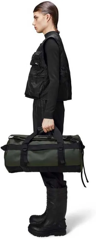 RAINS Texel Duffel Bag Small - Waterproof Green Duffel with U-Shaped Zip Closure, Mesh Pockets, Compression Straps, and Padded Carry Handles - 2 Year Warranty