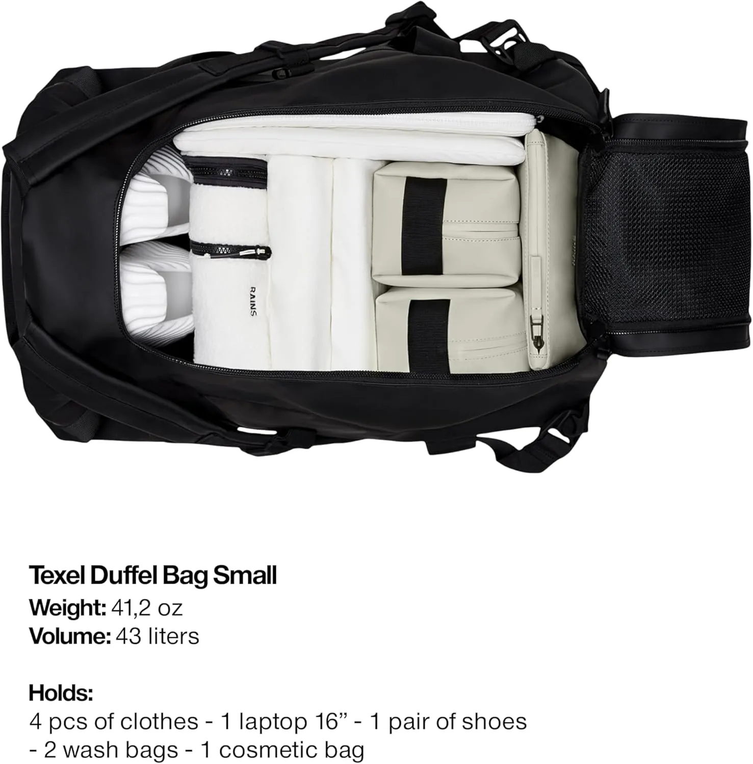 RAINS Texel Duffel Bag Small - Waterproof Green Duffel with U-Shaped Zip Closure, Mesh Pockets, Compression Straps, and Padded Carry Handles - 2 Year Warranty