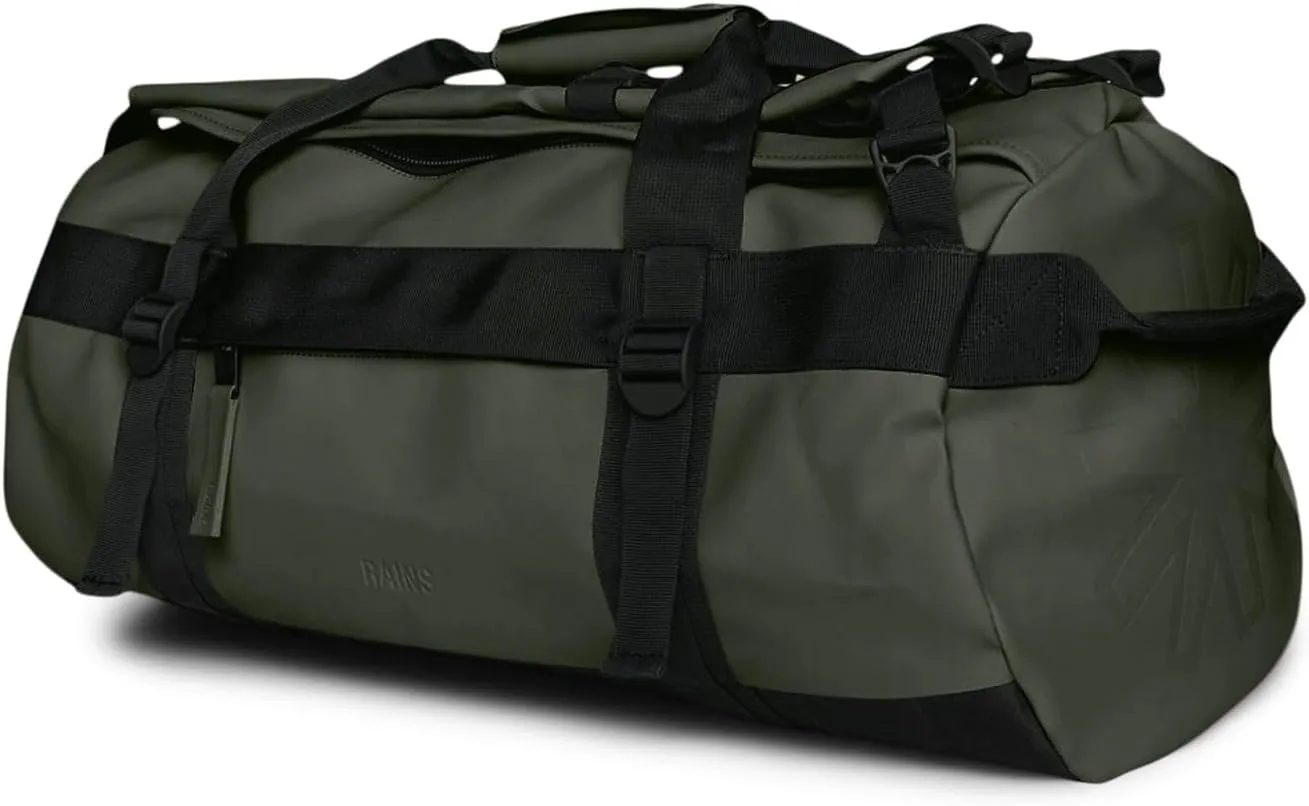 RAINS Texel Duffel Bag Small - Waterproof Green Duffel with U-Shaped Zip Closure, Mesh Pockets, Compression Straps, and Padded Carry Handles - 2 Year Warranty