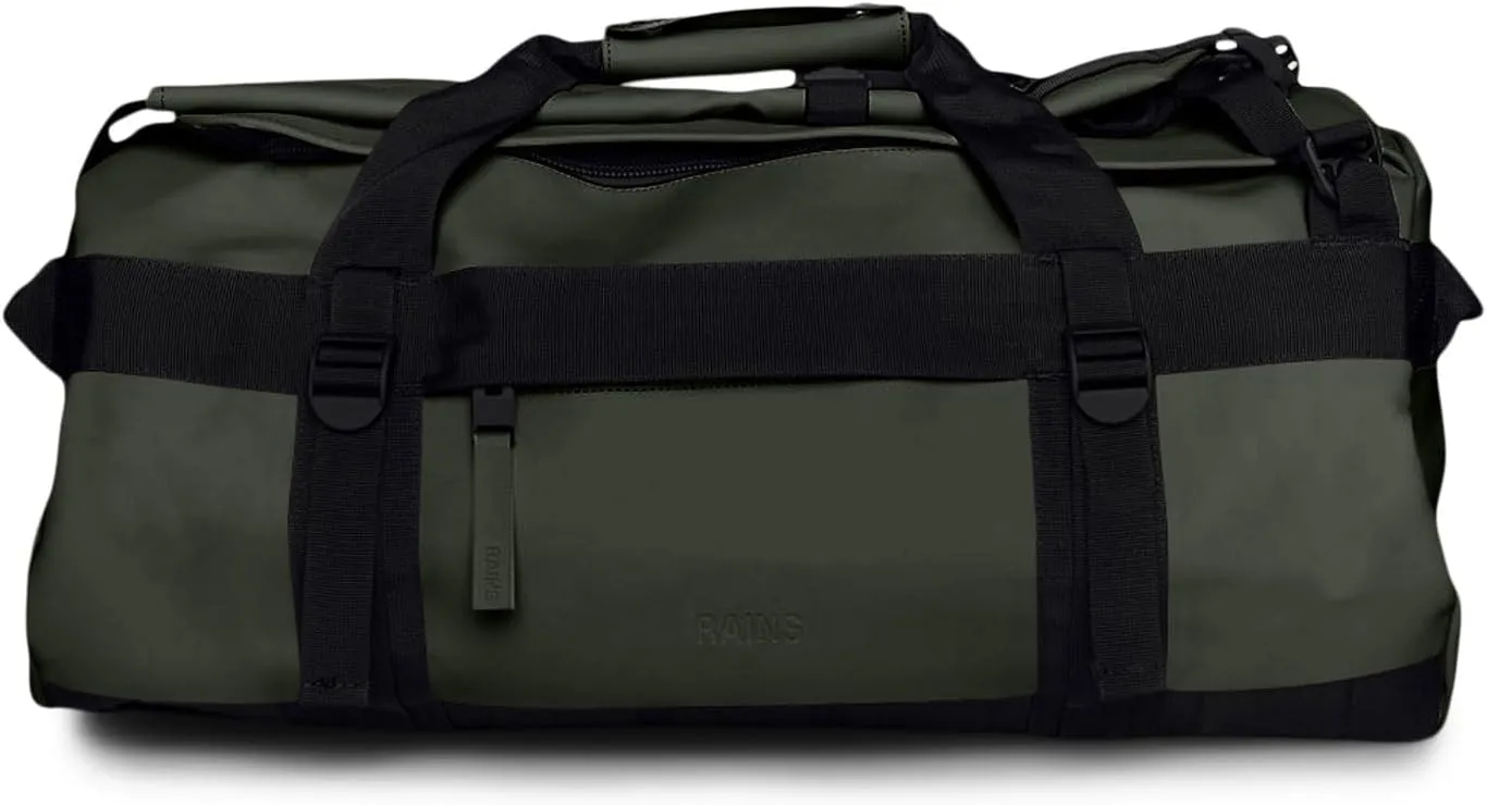 RAINS Texel Duffel Bag Small - Waterproof Green Duffel with U-Shaped Zip Closure, Mesh Pockets, Compression Straps, and Padded Carry Handles - 2 Year Warranty