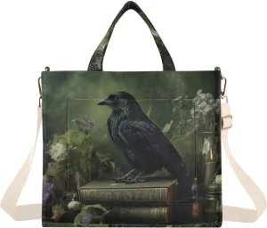 Raven Book Flower Corduroy Women Tote Bag, Handbag Purse with Detachable Strap Small Size