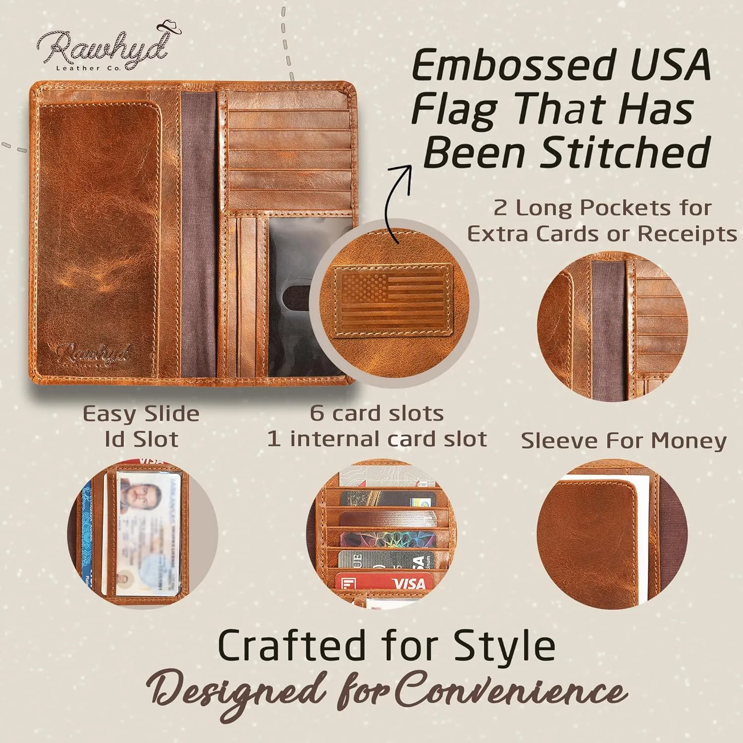 RAW HYD Full-Grain Leather Long Wallet for Men - Classic Bifold Western Wallet for Men - Minimalist Cowboy Wallets for Men - Rodeo wallets for men - Checkbook Cover & Gift for Him