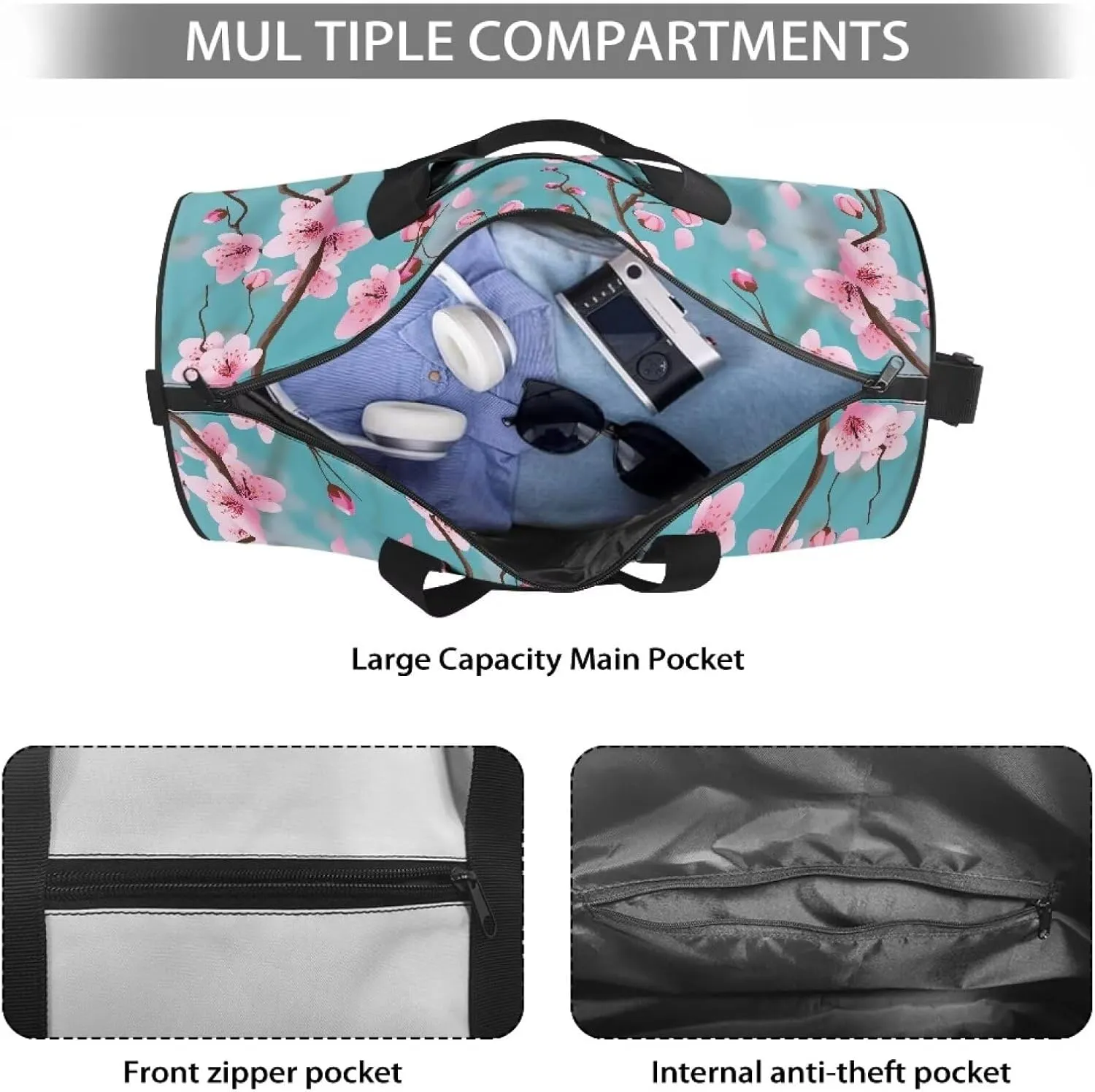 Rchsmod Blue Cherry Blossom Print Duffel Bag for Women Waterproof Gym Bag Large Capacity Travel Duffel Bag with Front Zipper Pocket Overnight Crossbody Bag with Adjustable Shoulder Strap for Gym