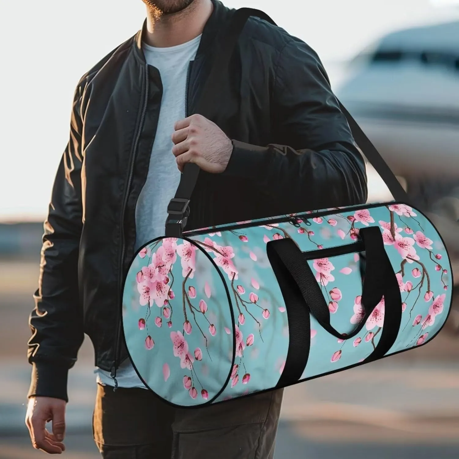Rchsmod Blue Cherry Blossom Print Duffel Bag for Women Waterproof Gym Bag Large Capacity Travel Duffel Bag with Front Zipper Pocket Overnight Crossbody Bag with Adjustable Shoulder Strap for Gym