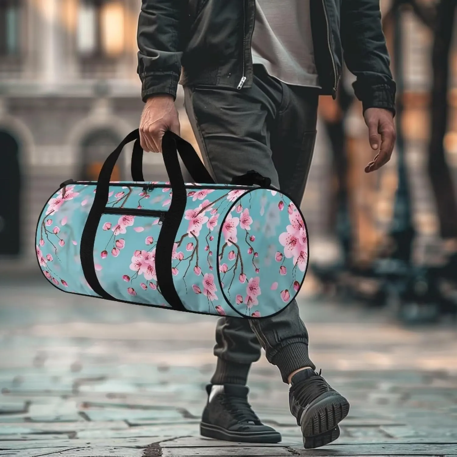 Rchsmod Blue Cherry Blossom Print Duffel Bag for Women Waterproof Gym Bag Large Capacity Travel Duffel Bag with Front Zipper Pocket Overnight Crossbody Bag with Adjustable Shoulder Strap for Gym